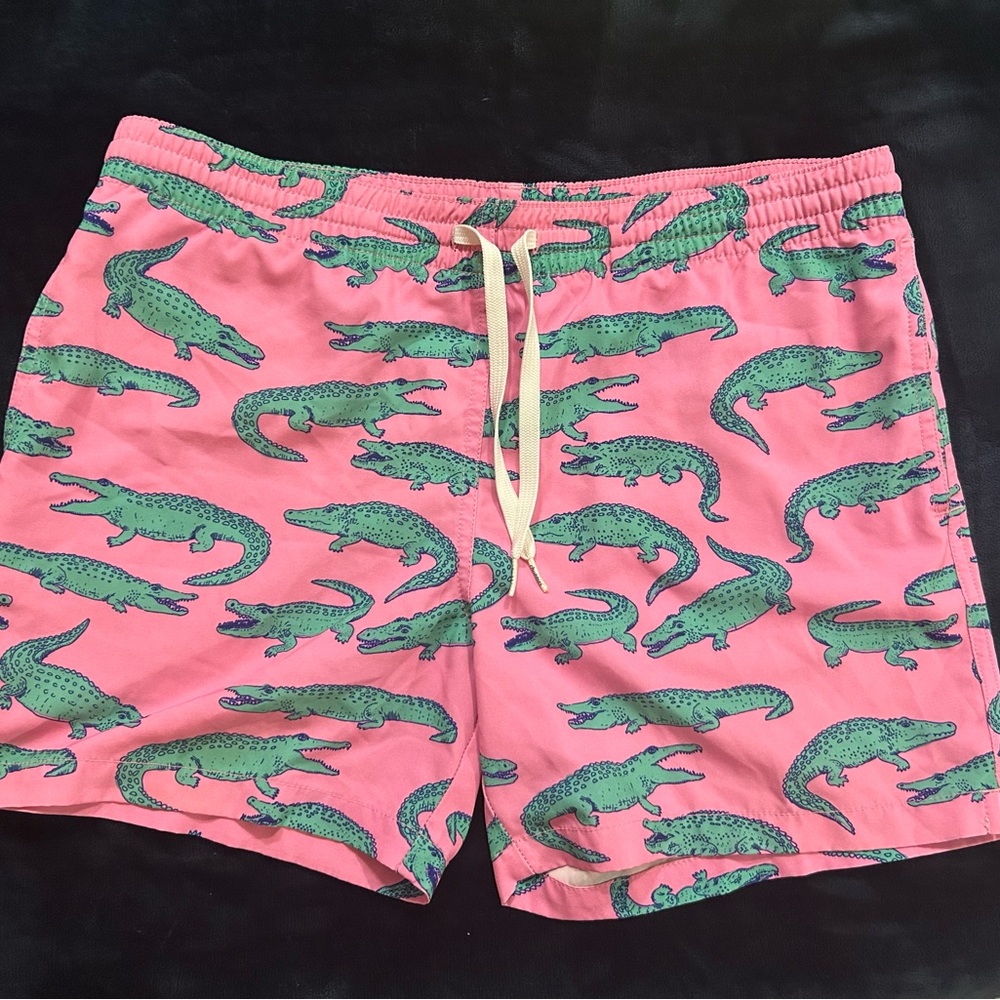 Men's Chubbies Pink Swim Trunks with Green Alligator Print. Size Small.